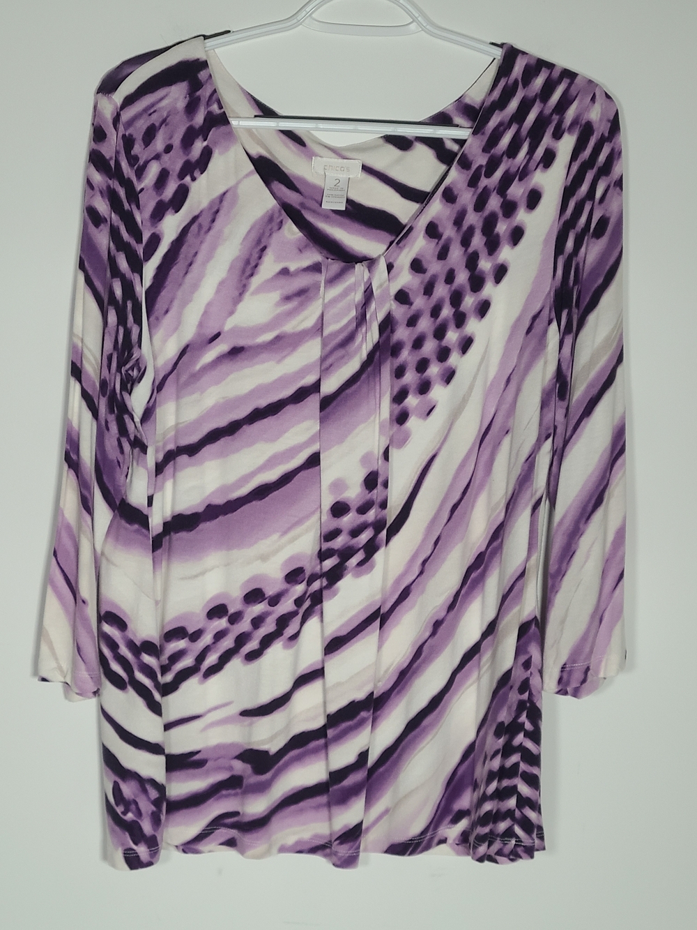 Chico's Purple & White Abstract Print 3/4 Sleeves Top Size 2 Large